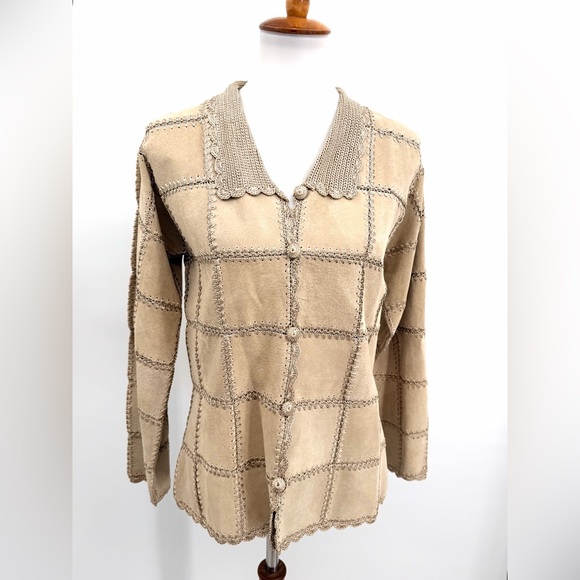 KROSHETTA BY PAPILLON Vintage Suede Crochet Patchwork Jacket Tan - Picture 2 of 10